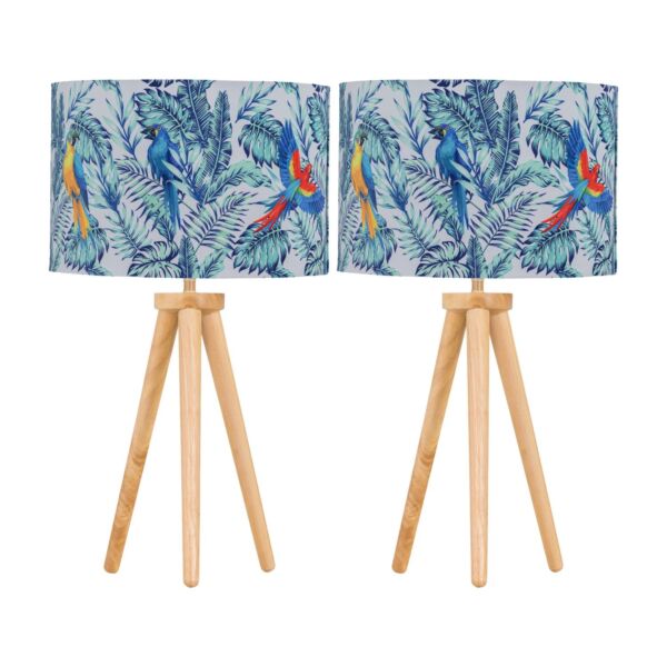 Set of 2 Light Oak Table Lamp Bedside Lights with Parrot Velvet Shades
