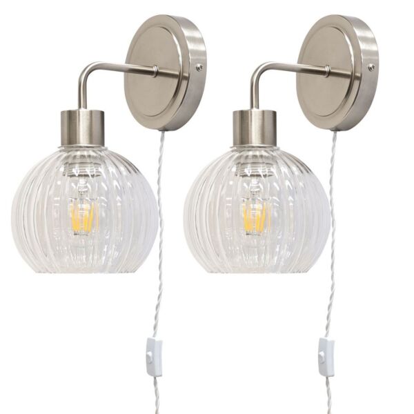 Set of 2 Toby - Satin Nickel Plug in Wall Lights Clear Shades