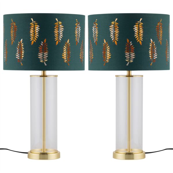 Set of 2 Aura - Satin Brass Lamps with Green Fern Cut Out Shades