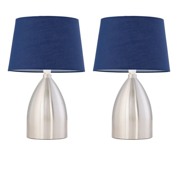 Set of 2 Valentina - Brushed Chrome Touch Lamps with Navy Blue Cotton Shades