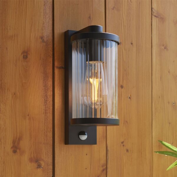 Endon Lighting - Newcombe - 120537 - Black Clear Ribbed Glass IP44 Outdoor Sensor Wall Light