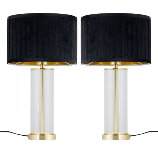 Set of 2 Aura - Satin Brass Lamps with Black Pleated Velvet Shades