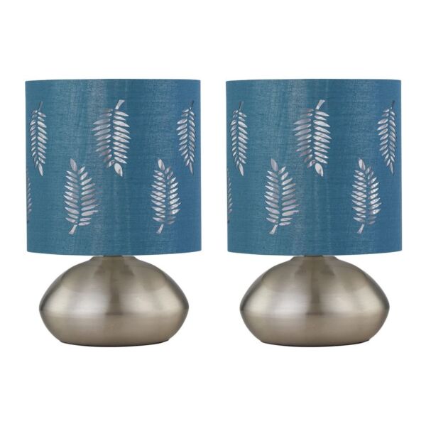 Set of 2 Jenson - Brushed Chrome Touch Table Lamps Teal Fern Shade