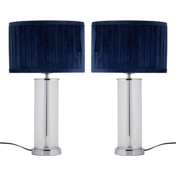Set of 2 Aura - Chrome Table Lamps with Navy Blue Velvet Pleat Shades
