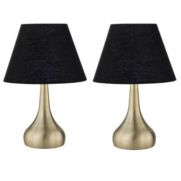 Set of 2 Romana - Antique Brass Touch Table Lamps with Black Shades