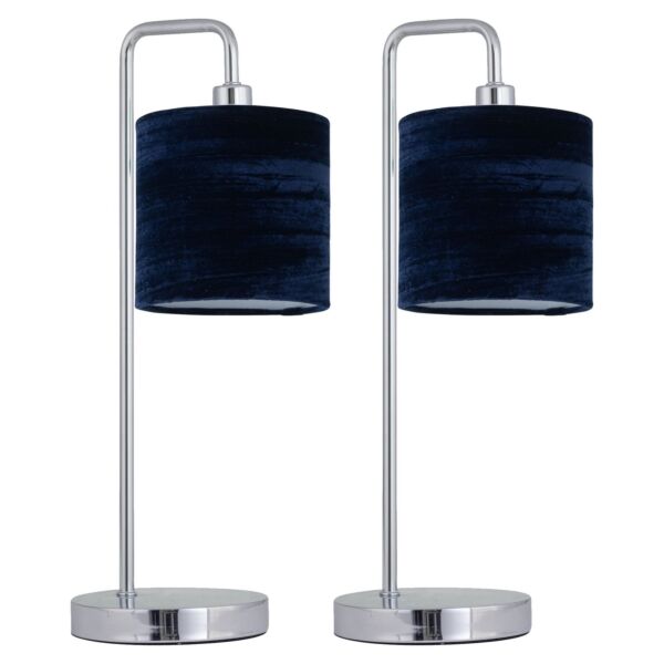 Set of 2 Chrome Arched Table Lamps with Navy Blue Crushed Velvet Shades