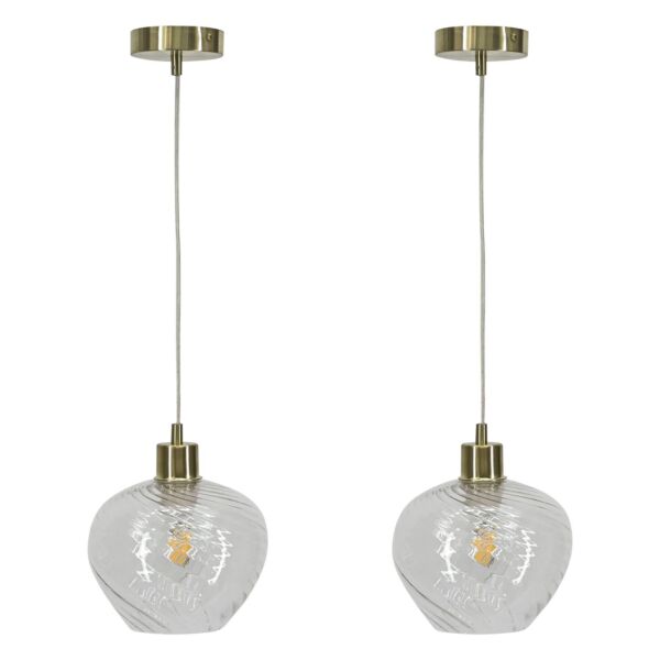 Set of 2 Bradson - Clear Swirl Glass with Satin Brass Pendant Fittings