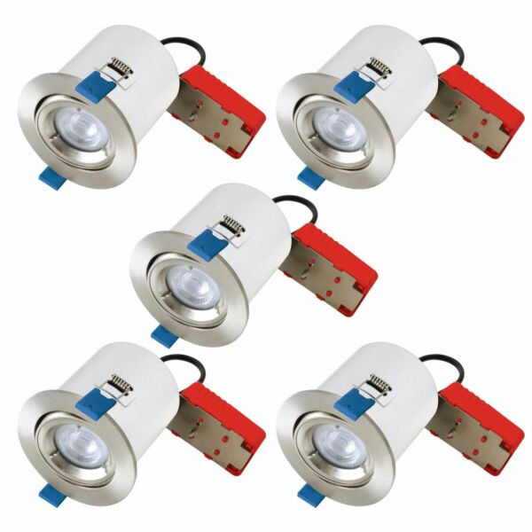 Set of 5 - Satin Chrome Fire Rated Tilt Recessed Ceiling Downlights with Warm White LED Bulbs