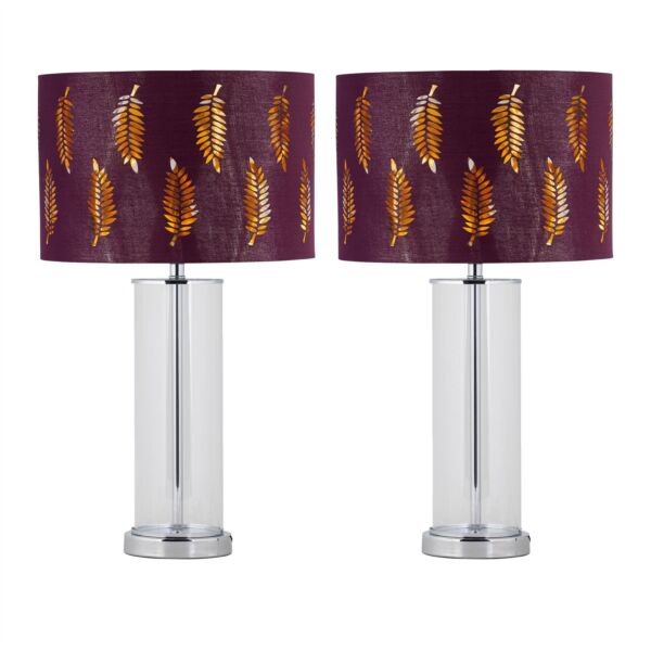 Set of 2 Aura - Chrome Table Lamps with Burgundy Fern Cut Out Shades