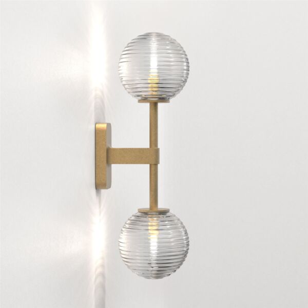 Astro Lighting - Tacoma Twin 1429008 & 5036003 - IP44 Antique Brass Wall Light with Clear Ribbed Glass Shades