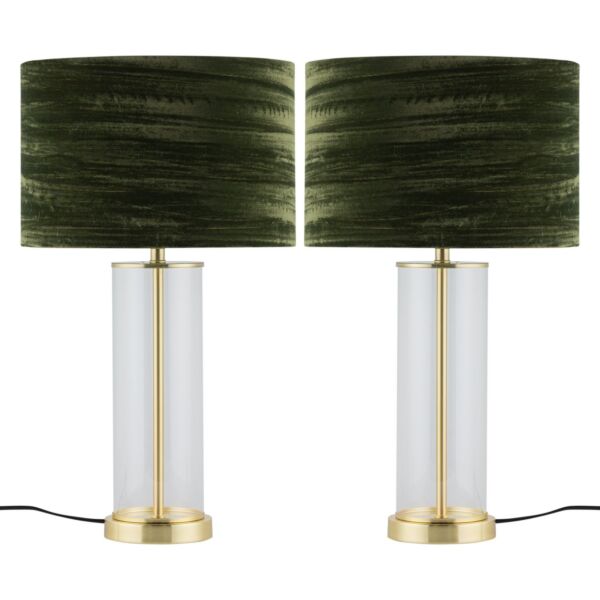 Set of 2 Aura - Satin Brass Lamps with Green Crushed Velvet Shades