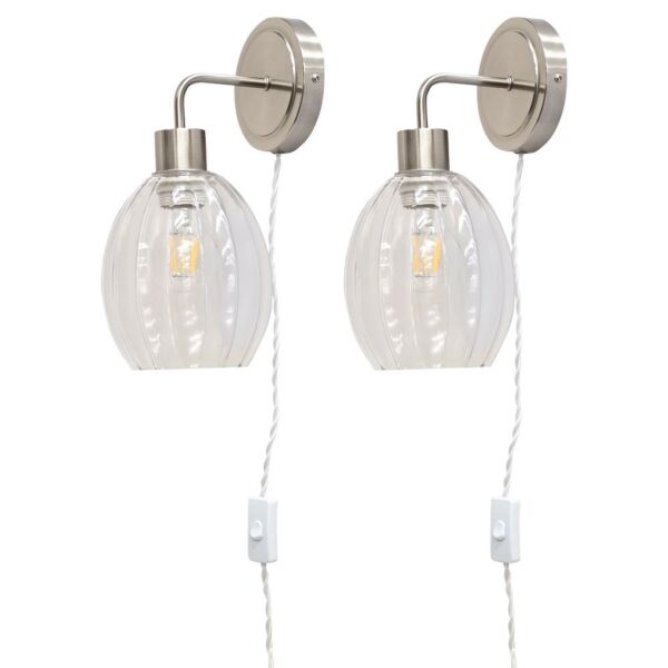 Set of 2 Toby - Satin Nickel Plug in Wall Lights Fluted Shades