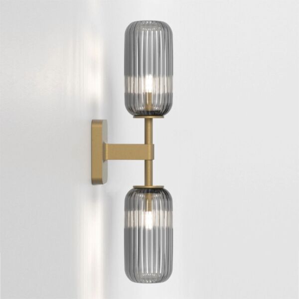 Astro Lighting - Tacoma Twin 1429008 & 5036010 - IP44 Antique Brass Wall Light with Smoked Ribbed Reed Glass Shades