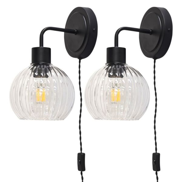 Set of 2 Toby - Black Plug in Wall Lights Clear Ribbed Shades