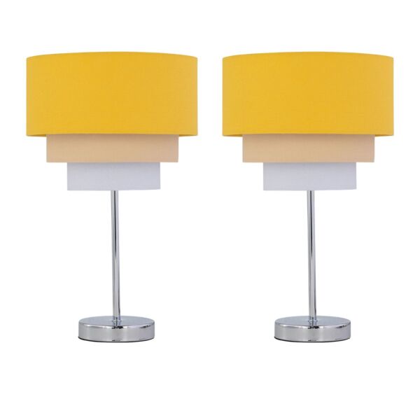 Set of 2 Chrome Touch Operated Table Lamps with Tiered Ochre Linen Shades