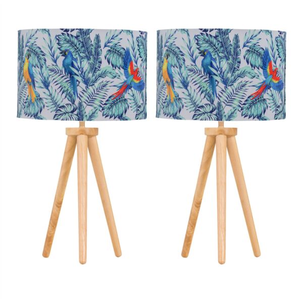 Set of 2 Light Oak Table Lamp Bedside Lights with Parrot Velvet Shades