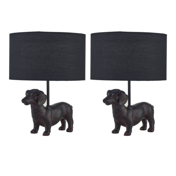 Set of 2 Ronnie - Dachshund Dog Lamps with Black Fabric Shades