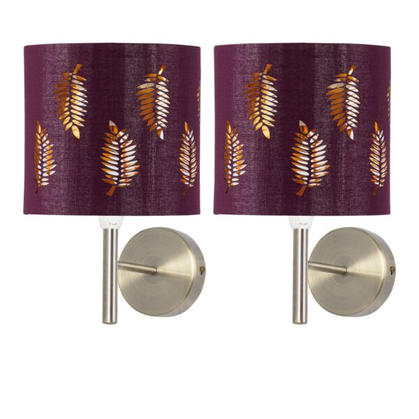 Set of 2 Brea - Antique Brass Wall Lights with Burgundy Fern Shades