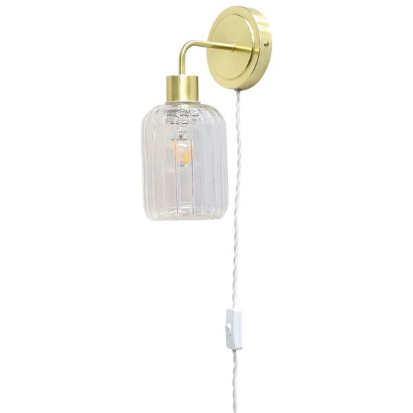 Toby - Satin Brass Plug in Wall Light with Lozenge Ribbed Glass Shade