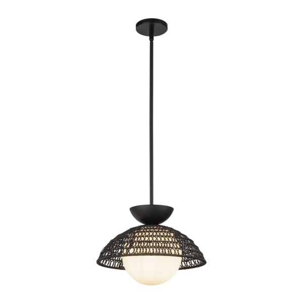 Elstead Lighting - Perth - ALM-PERTH-P-BK - Black Rattan Opal Glass Ceiling Pendant Light