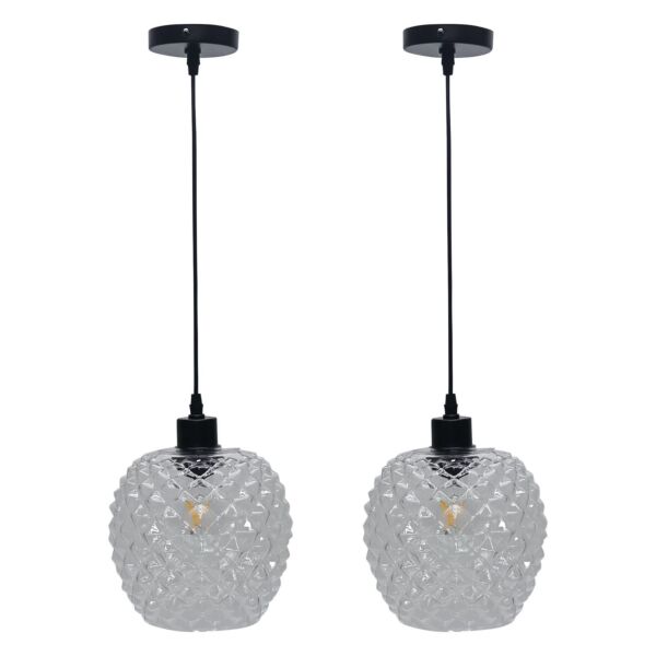 Set of 2 Baine - Clear Textured Glass with Black Pendant Fittings