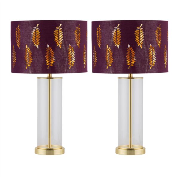 Set of 2 Aura - Satin Brass Table Lamps with Burgundy Fern Shades
