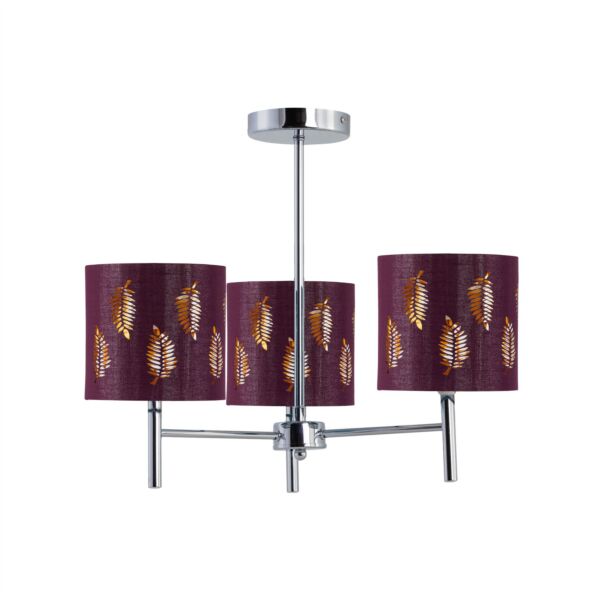 Brea - Chrome 3 Light Fitting with Burgundy Fern Shades