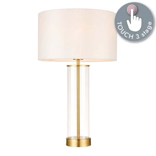 Endon Lighting - Lessina - 68802 - Satin Brass Clear Glass Vintage White Touch Table Lamp With Shade