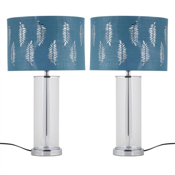 Set of 2 Aura - Chrome Table Lamps with Teal Fern Cut Out Shades