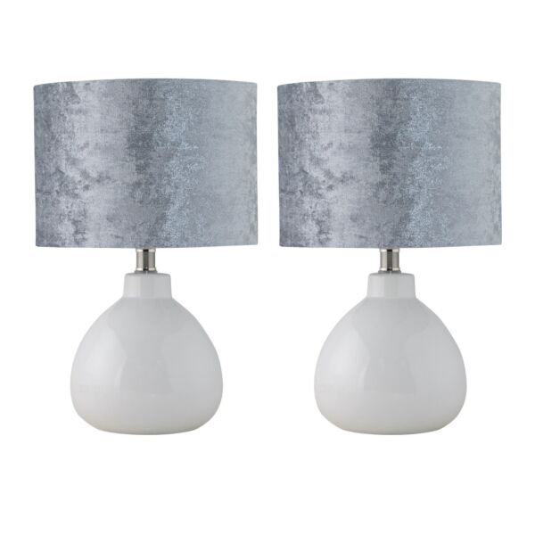 Set of 2 Tuscan - White Ceramic Lamps with Grey Crushed Velvet Shade