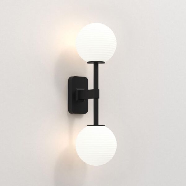 Astro Lighting - Tacoma Twin 1429005 & 5036004 - IP44 Matt Black Wall Light with White Ribbed Glass Shades