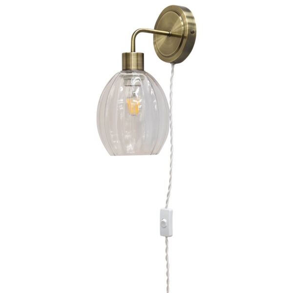 Toby - Antique Brass Plug in Wall Light with Birch Fluted Glass Shade