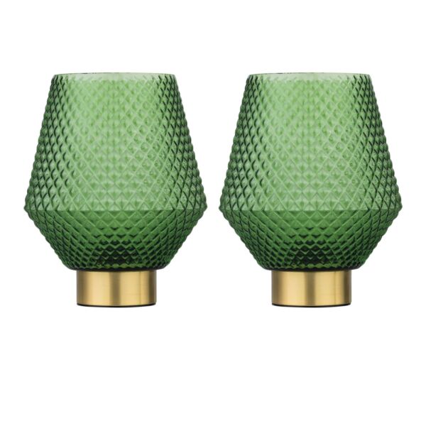 Set of 2 Porter - Battery Operate Satin Brass Lamps Green Tex Glass