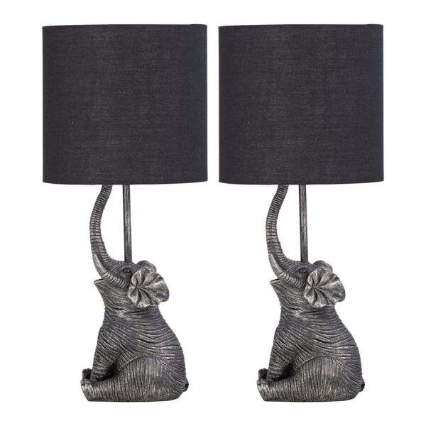 Set of 2 Elephant - Black Resin Table Lamps With Black Fabric Shades