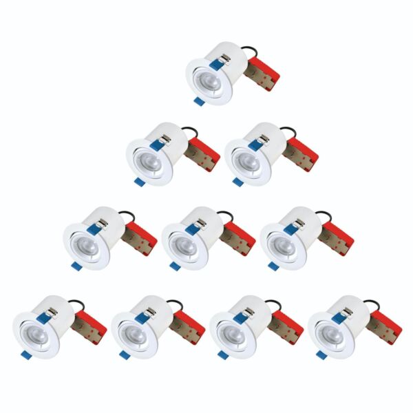 Set of 10 - White Fire Rated Tilt Recessed Ceiling Downlights with Warm White LED Bulbs