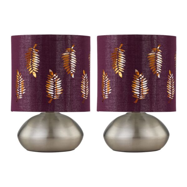 Set of 2 Jenson - Brushed Chrome Touch Table Lamps with Burgundy Shade