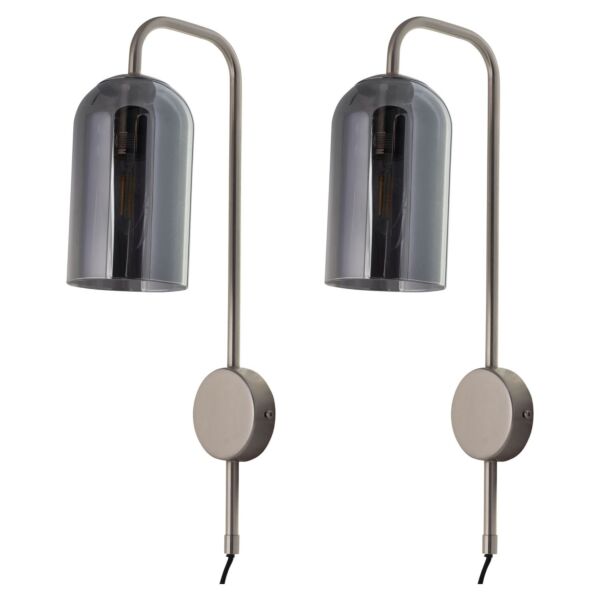 Set of 2 Victoria - Satin Nickel Plug in Wall Lights with Glass Shades