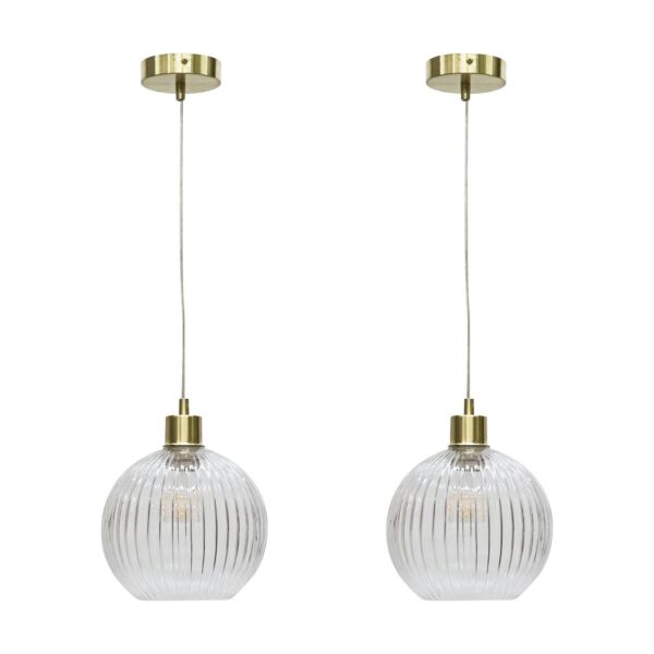 Set of 2 Betchley - Clear Ribbed Glass Globe with Satin Brass Pendant Fittings