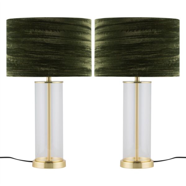 Set of 2 Aura - Satin Brass Lamps with Green Crushed Velvet Shades