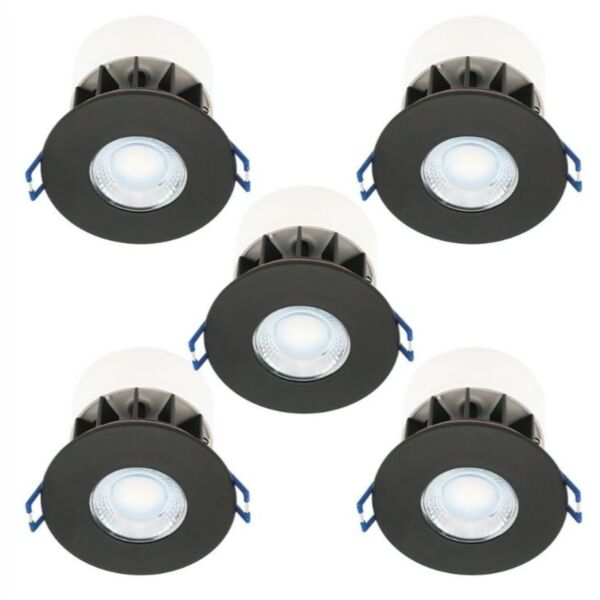 Set of 5 Fire Rated LED Bathroom Downlights - Matt Black IP65 Recessed Downlights