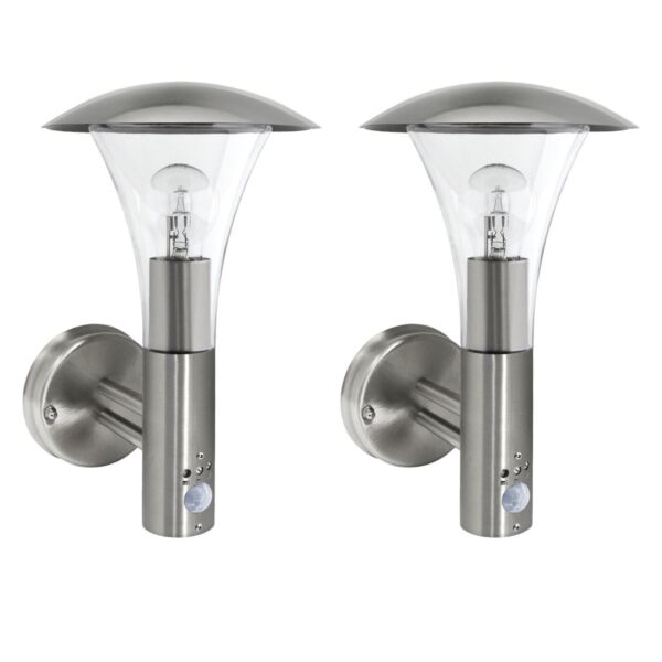 Set of 2 Halo - Brushed Stainless Steel Outdoor IP44 Motion Sensor Activated Wall Lights