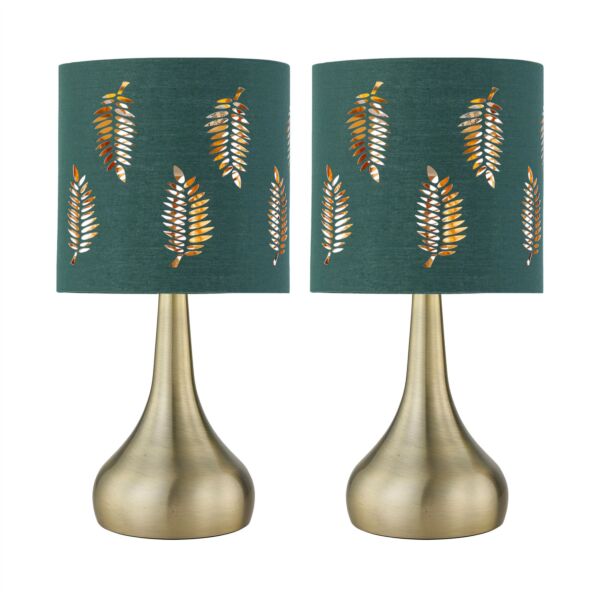 Set of 2 Romana - Antique Brass Touch Operated Table Lamps Bedside Lights Dark Green Fern Shade