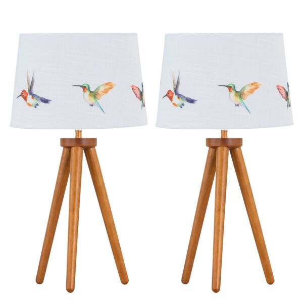 Set of 2 Dark Oak Table Lamp or Bedside Lights with Hummingbird Shades