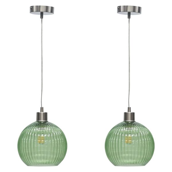 Set of 2 Betchley - Green Ribbed Glass Globe with Satin Nickel Pendant Fittings