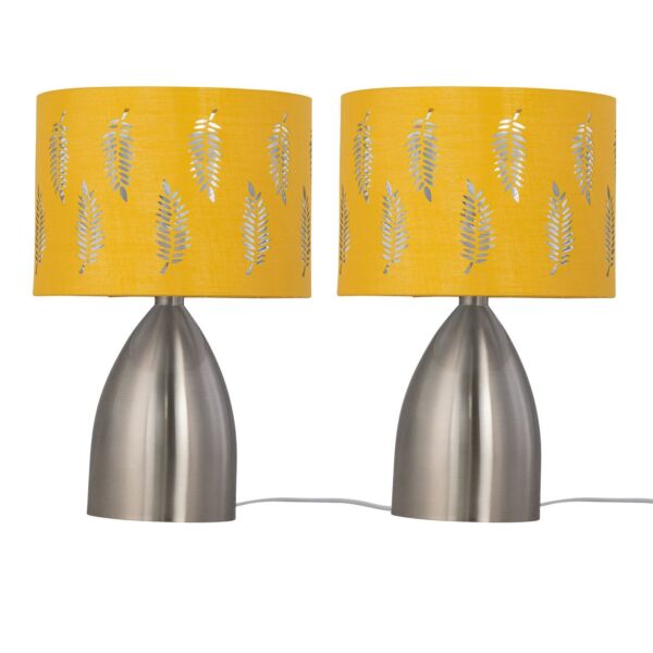 Set of 2 Valentina - Brushed Chrome Touch Lamps with Ochre Fern Shades