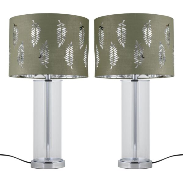Set of 2 Aura - Chrome Table Lamps with Sage Green Fern Shades