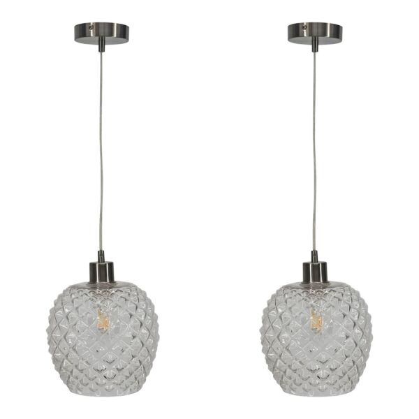 Set of 2 Baine - Clear Textured Glass with Satin Nickel Pendant Fittings