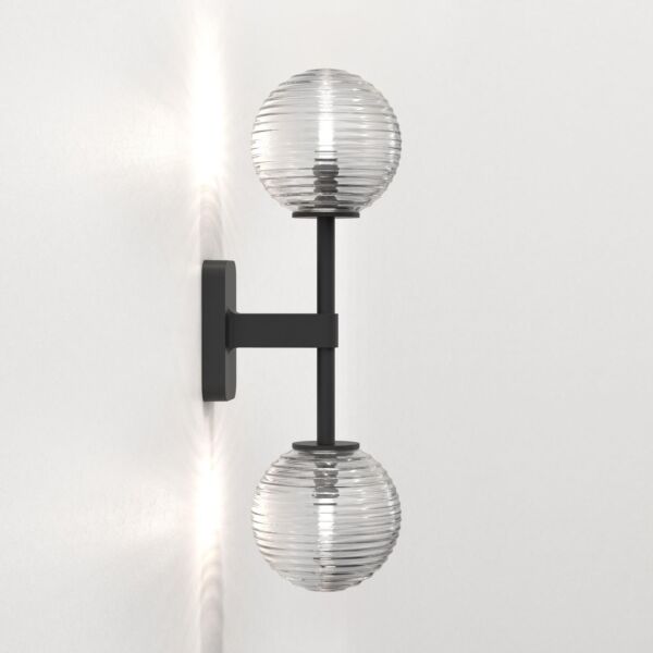 Astro Lighting - Tacoma Twin 1429005 & 5036003 - IP44 Matt Black Wall Light with Clear Ribbed Glass Shades