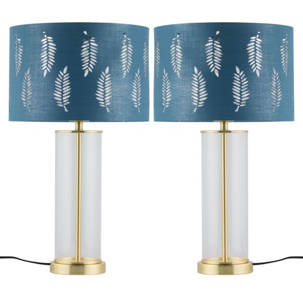 Set of 2 Aura - Satin Brass Lamps with Teal Fern Cut Out Shades