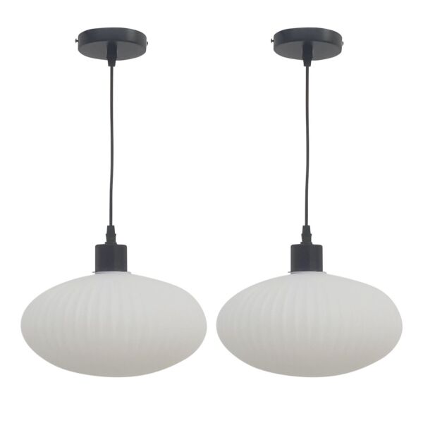 Set of 2 Baton - White Ribbed Oval Glass with Black Pendant Fittings